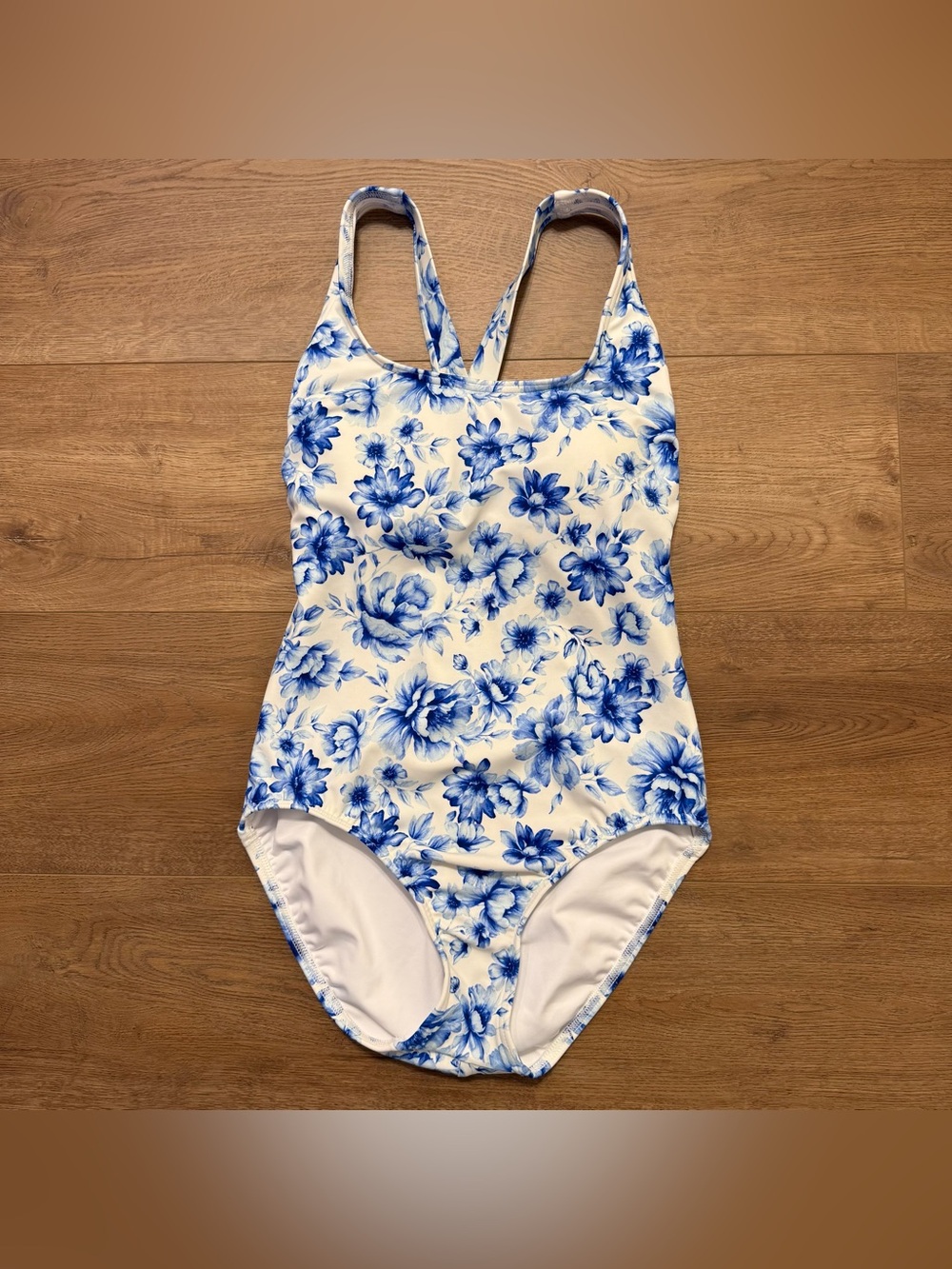 Lands' End Women's One-Piece Swimsuit, Fully-Lined, Blue & White Floral, Sz. 6